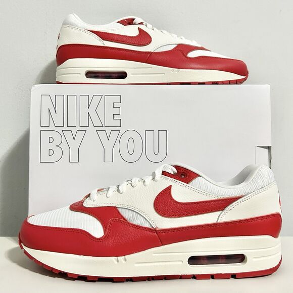 Nike By You Air Max 1 Men’s Size 10 White Sail Red Comfort Cushioned Sneakers - Picture 1 of 9